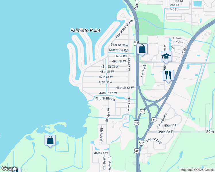 map of restaurants, bars, coffee shops, grocery stores, and more near 4504 5th Avenue West in Palmetto