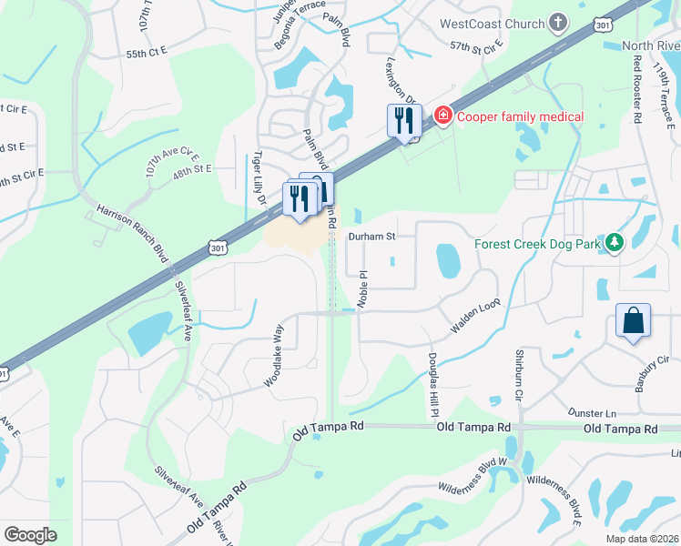 map of restaurants, bars, coffee shops, grocery stores, and more near 11322 Durham Street in Parrish