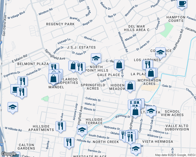 map of restaurants, bars, coffee shops, grocery stores, and more near 5831 Longoria Loop in Laredo