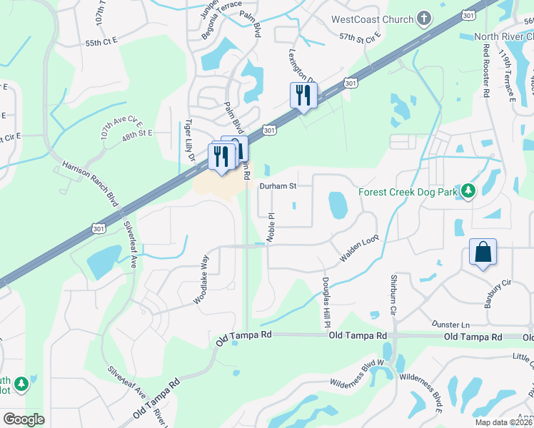 map of restaurants, bars, coffee shops, grocery stores, and more near 4607 Noble Place in Parrish