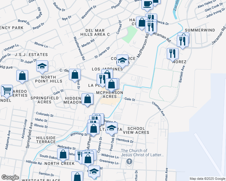 map of restaurants, bars, coffee shops, grocery stores, and more near 5901 McPherson Road in Laredo