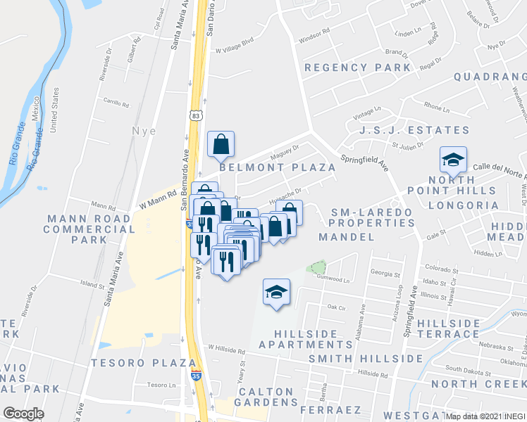 map of restaurants, bars, coffee shops, grocery stores, and more near 213 Huisache Drive in Laredo