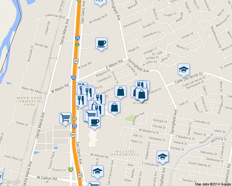 map of restaurants, bars, coffee shops, grocery stores, and more near 17 Flamenco Circle in Laredo