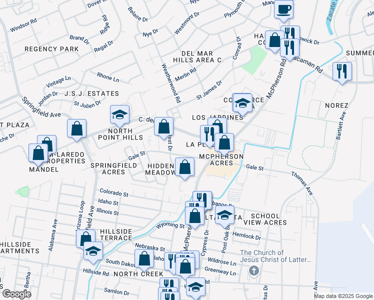 map of restaurants, bars, coffee shops, grocery stores, and more near 608 Gale Street in Laredo