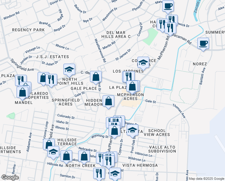 map of restaurants, bars, coffee shops, grocery stores, and more near 608 Gale Street in Laredo