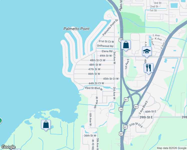 map of restaurants, bars, coffee shops, grocery stores, and more near 4504 5th Avenue West in Palmetto