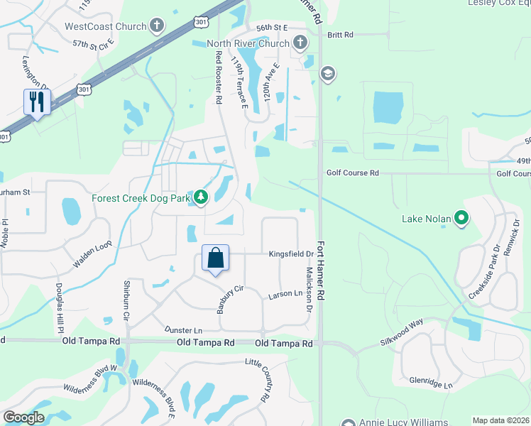 map of restaurants, bars, coffee shops, grocery stores, and more near 12057 Warwick Circle in Parrish