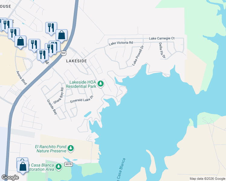 map of restaurants, bars, coffee shops, grocery stores, and more near 316 Lake Louise Court in Laredo