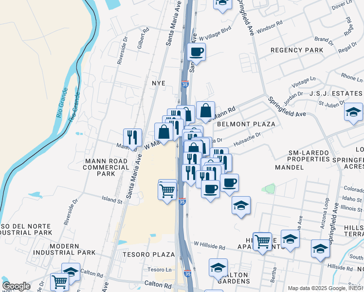 map of restaurants, bars, coffee shops, grocery stores, and more near U.S. Highway 83 in Laredo