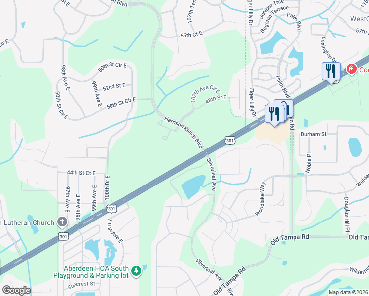 map of restaurants, bars, coffee shops, grocery stores, and more near 4605 Harrison Ranch Boulevard in Manatee