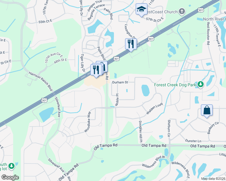 map of restaurants, bars, coffee shops, grocery stores, and more near 4607 Noble Place in Parrish