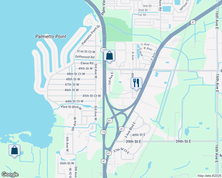 map of restaurants, bars, coffee shops, grocery stores, and more near 4608 1st Avenue East in Palmetto
