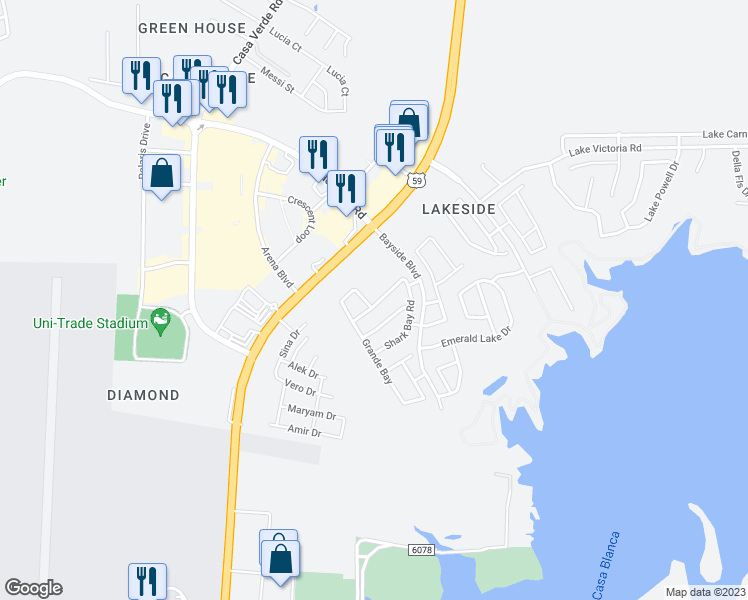 map of restaurants, bars, coffee shops, grocery stores, and more near 6501 Grande Bay in Laredo