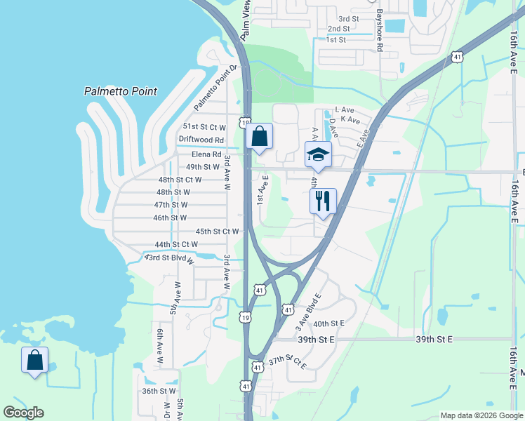 map of restaurants, bars, coffee shops, grocery stores, and more near 4646 1st Avenue East in Palmetto