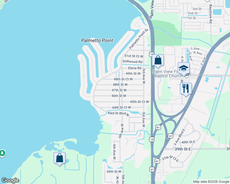 map of restaurants, bars, coffee shops, grocery stores, and more near 615 48th Street West in Palmetto