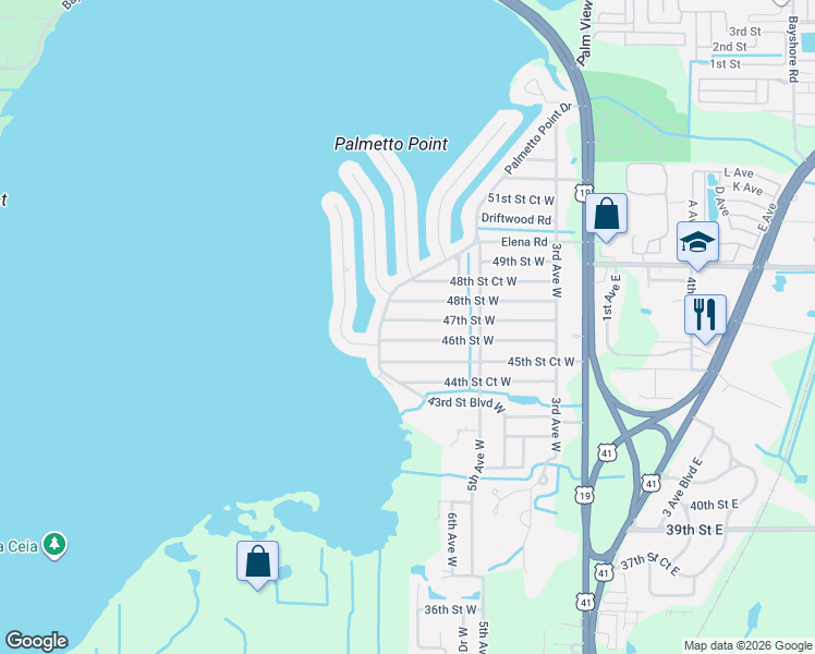 map of restaurants, bars, coffee shops, grocery stores, and more near 719 48th Street West in Palmetto