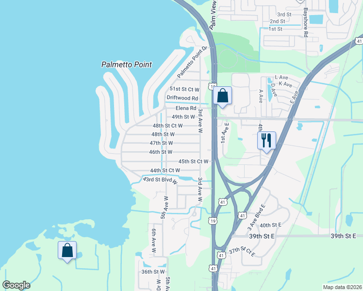map of restaurants, bars, coffee shops, grocery stores, and more near 411 47th Street West in Palmetto