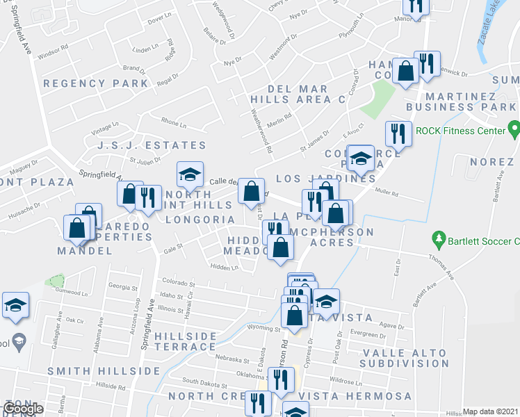 map of restaurants, bars, coffee shops, grocery stores, and more near 5901 West Drive in Laredo