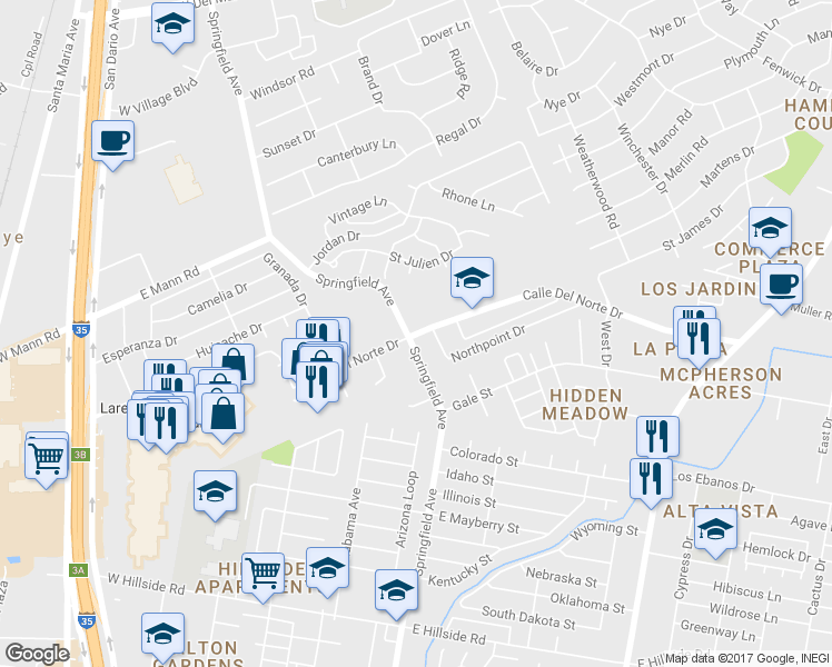 map of restaurants, bars, coffee shops, grocery stores, and more near 420 Calle Del Norte Drive in Laredo