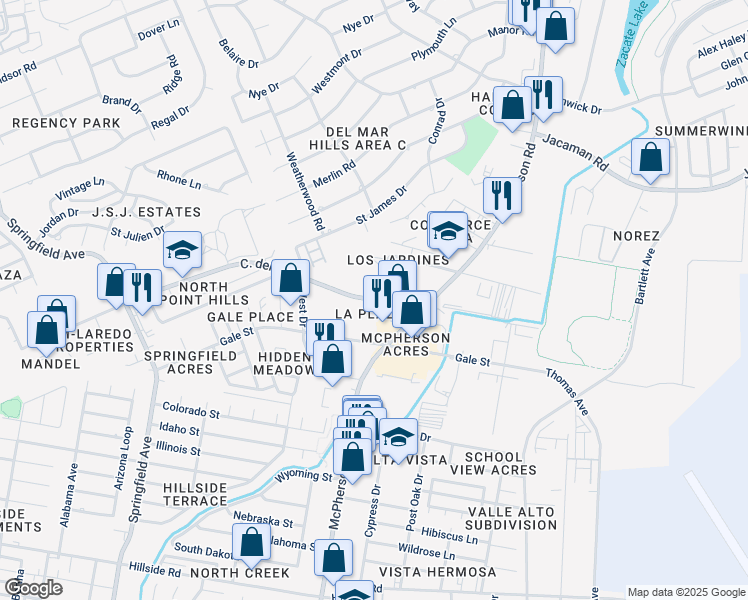 map of restaurants, bars, coffee shops, grocery stores, and more near 1406 Calle Del Norte Rd in Laredo