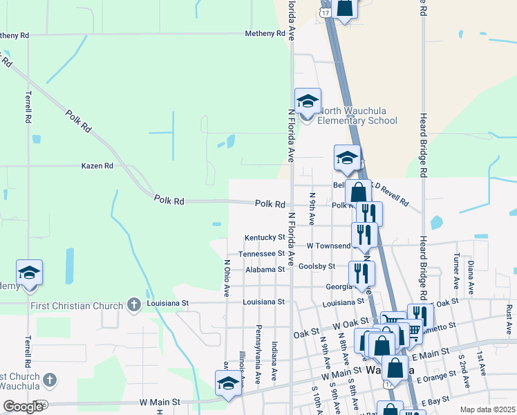 map of restaurants, bars, coffee shops, grocery stores, and more near 573 Polk Road in Wauchula