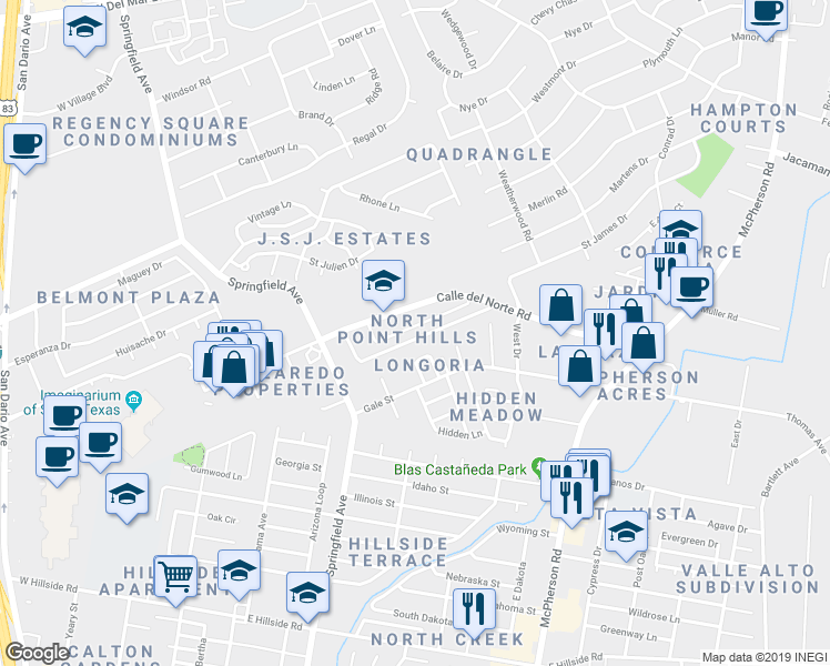 map of restaurants, bars, coffee shops, grocery stores, and more near 206 Northpoint Drive in Laredo