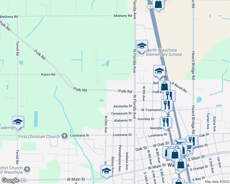 map of restaurants, bars, coffee shops, grocery stores, and more near 573 Polk Road in Wauchula
