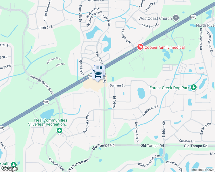 map of restaurants, bars, coffee shops, grocery stores, and more near 11352 Durham Street in Parrish