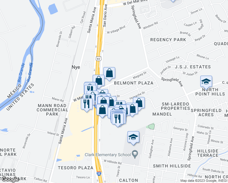 map of restaurants, bars, coffee shops, grocery stores, and more near 205 Sage Drive in Laredo