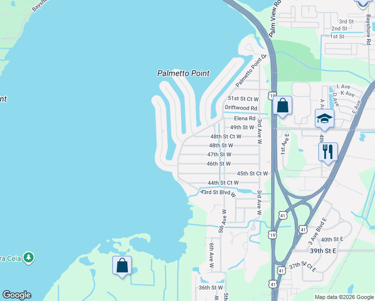 map of restaurants, bars, coffee shops, grocery stores, and more near 719 48th Street West in Palmetto