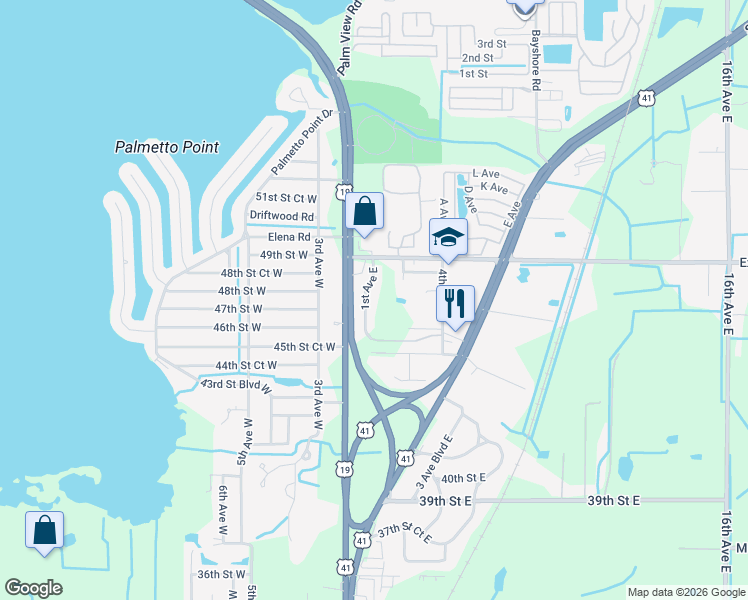 map of restaurants, bars, coffee shops, grocery stores, and more near 4646 1st Avenue East in Palmetto