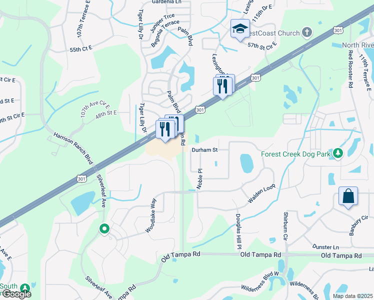 map of restaurants, bars, coffee shops, grocery stores, and more near 11352 Durham Street in Parrish