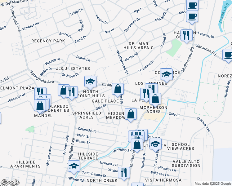 map of restaurants, bars, coffee shops, grocery stores, and more near 508 Gale Street in Laredo