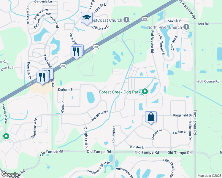 map of restaurants, bars, coffee shops, grocery stores, and more near 4307 Forest Creek Trail in Parrish