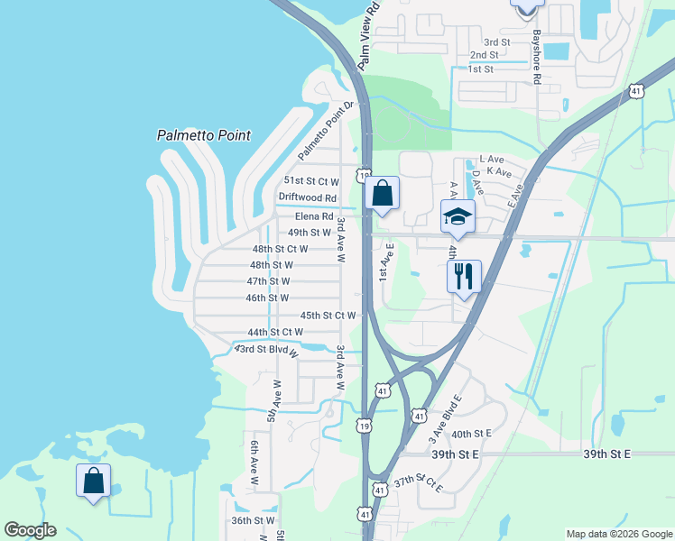 map of restaurants, bars, coffee shops, grocery stores, and more near 4705 East Road in Palmetto