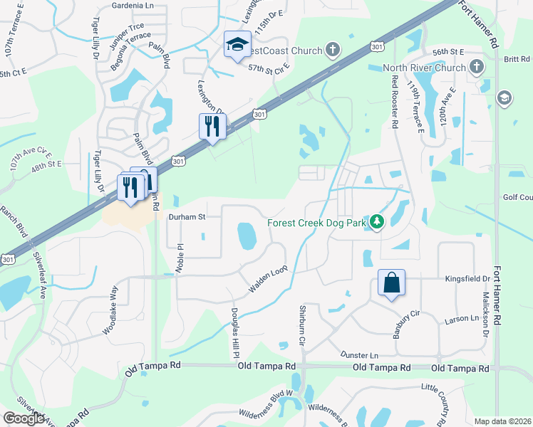 map of restaurants, bars, coffee shops, grocery stores, and more near 11543 Summit Rock Court in Parrish