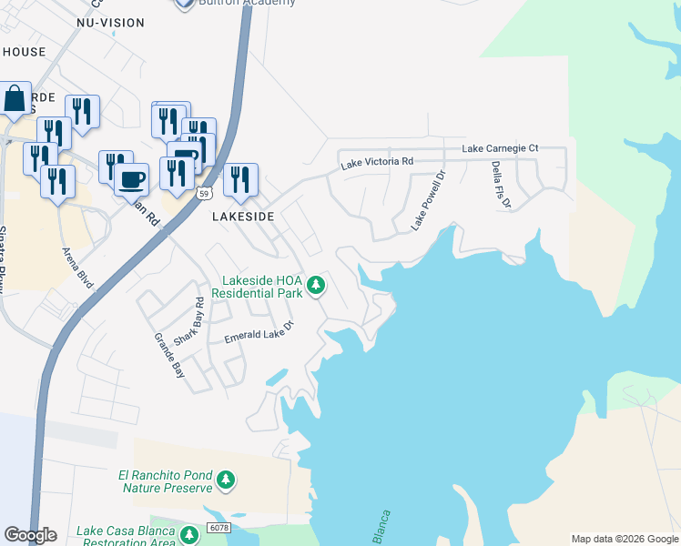 map of restaurants, bars, coffee shops, grocery stores, and more near 302 Lake Louise Court in Laredo
