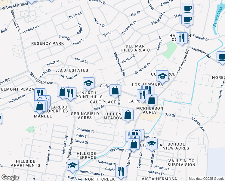 map of restaurants, bars, coffee shops, grocery stores, and more near 247 Northpoint Drive in Laredo