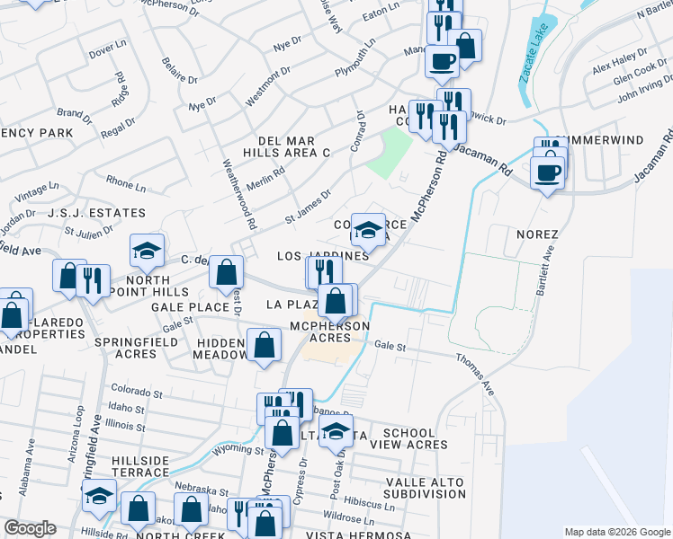 map of restaurants, bars, coffee shops, grocery stores, and more near 6002 Mcpherson Rd in Laredo