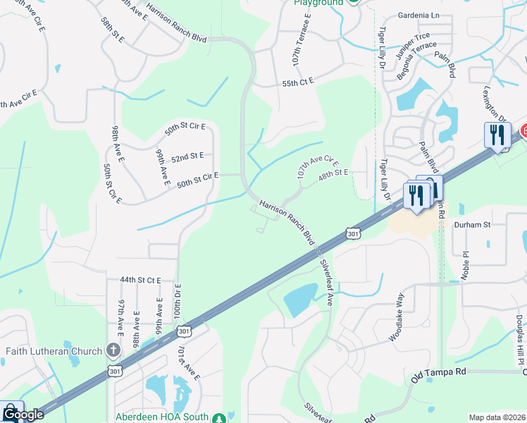 map of restaurants, bars, coffee shops, grocery stores, and more near 4764 105th Avenue East in Parrish