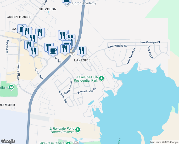 map of restaurants, bars, coffee shops, grocery stores, and more near 225 Emerald Lake Drive in Laredo