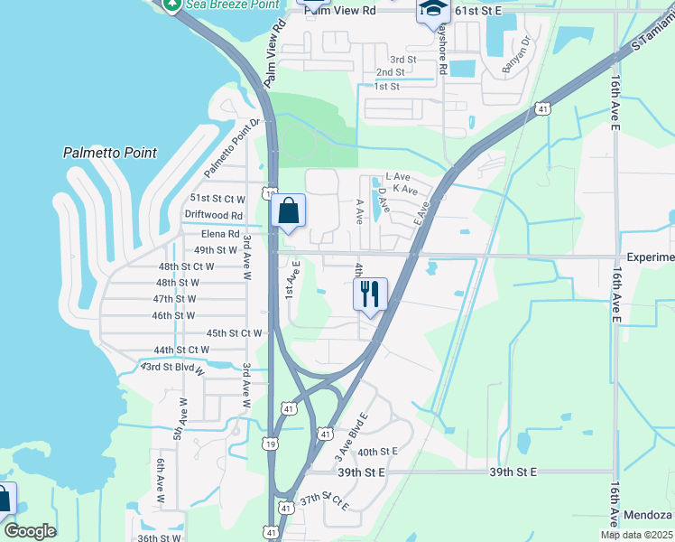 map of restaurants, bars, coffee shops, grocery stores, and more near 314 49th Street East in Palmetto