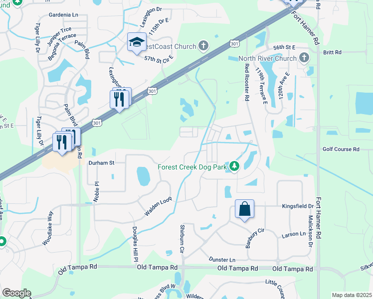 map of restaurants, bars, coffee shops, grocery stores, and more near 11646 Old Cypress Cove in Parrish