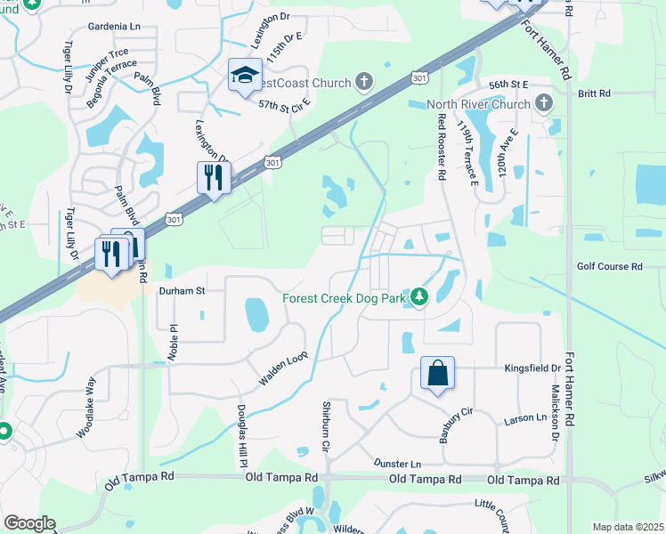 map of restaurants, bars, coffee shops, grocery stores, and more near 11646 Old Cypress Cove in Parrish