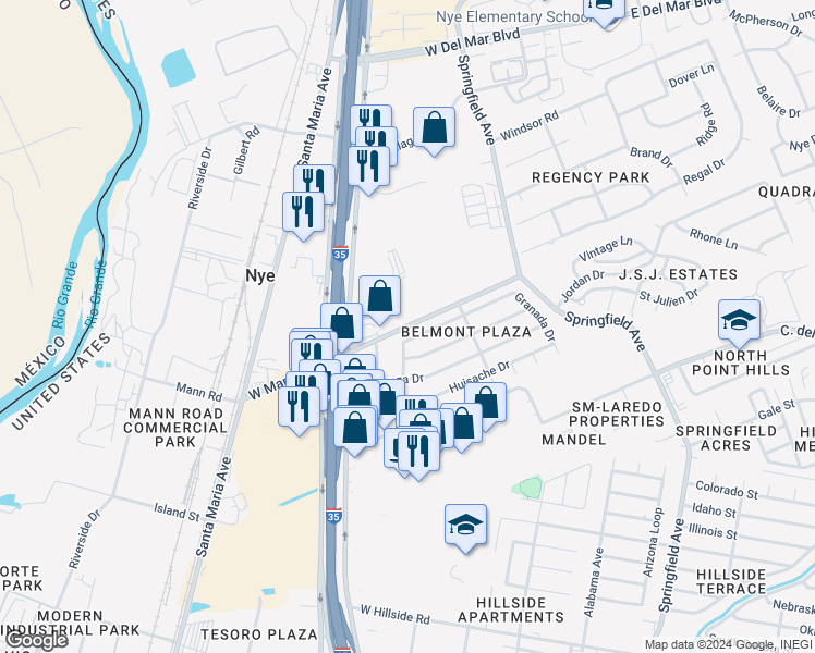 map of restaurants, bars, coffee shops, grocery stores, and more near 467 East Mann Road in Laredo