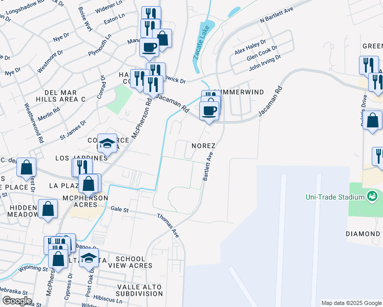 map of restaurants, bars, coffee shops, grocery stores, and more near 1609 Suldana Avenue in Laredo