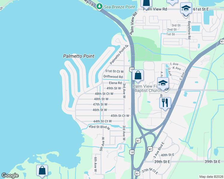 map of restaurants, bars, coffee shops, grocery stores, and more near 407 Elena Road in Palmetto