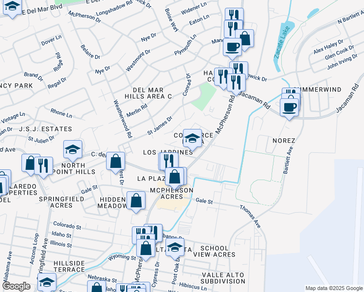 map of restaurants, bars, coffee shops, grocery stores, and more near 1712 Violeta Court in Laredo