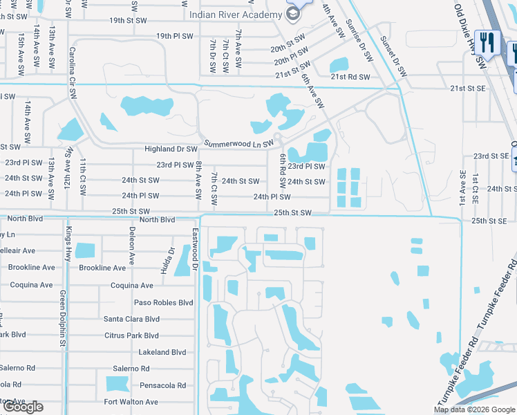 map of restaurants, bars, coffee shops, grocery stores, and more near 680 25th Street Southwest in Vero Beach