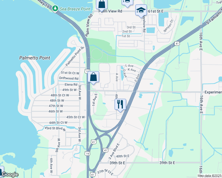 map of restaurants, bars, coffee shops, grocery stores, and more near 314 49th Street East in Palmetto